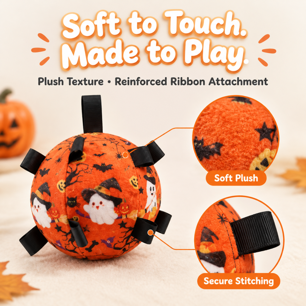 Jouet balle interactive d’Halloween en peluche pour chien, balle à mâcher rembourrée avec languettes de préhension et grande clochette intégrée