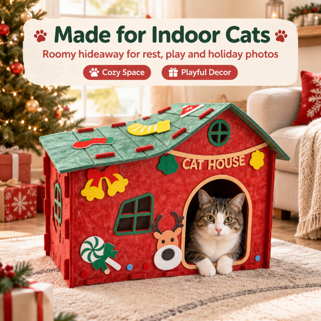 Maison de Noël en feutrine pour chat, abri d’intérieur à assembler avec de jolies décorations de Noël