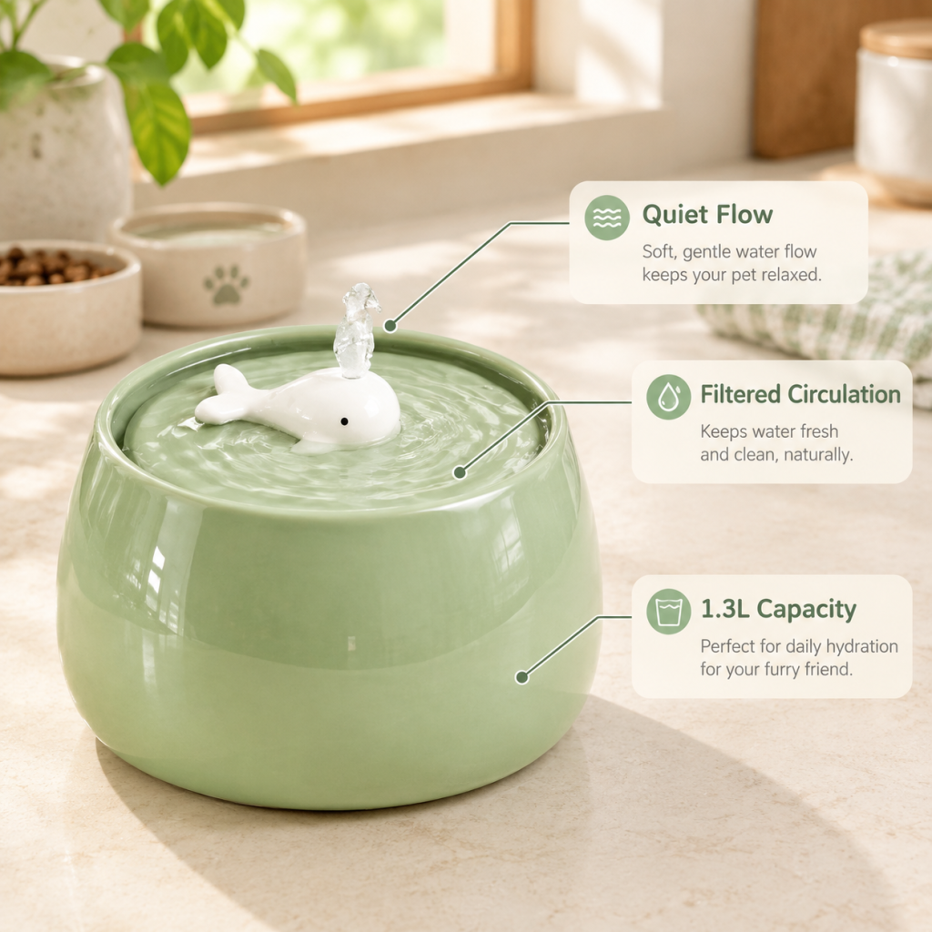 Whale Ceramic Pet Water Fountain, Automatic Circulating Water Dispenser for Cats & Small Dogs