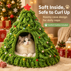 Festive Christmas Tree Cat Cave Bed, Knitted Plush Cat Nest with Pom Pom & Star Decoration