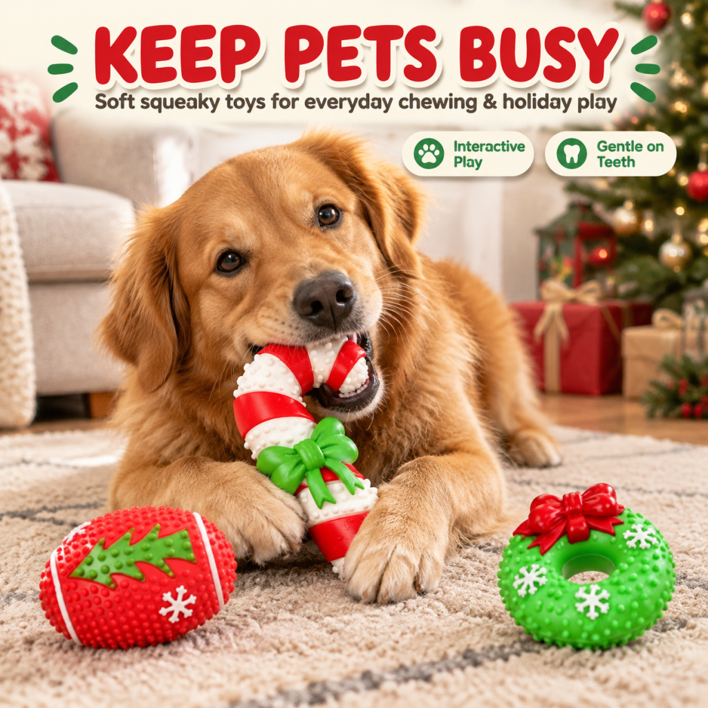 Christmas Pet Chew Toy Set, 3 Pack Squeaky Soft Latex Dog Toys with Bumpy Teeth Cleaning Texture, Football, Wreath & Candy Cane Shapes