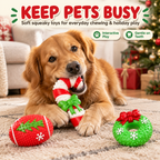 Christmas Pet Chew Toy Set, 3 Pack Squeaky Soft Latex Dog Toys with Bumpy Teeth Cleaning Texture, Football, Wreath & Candy Cane Shapes