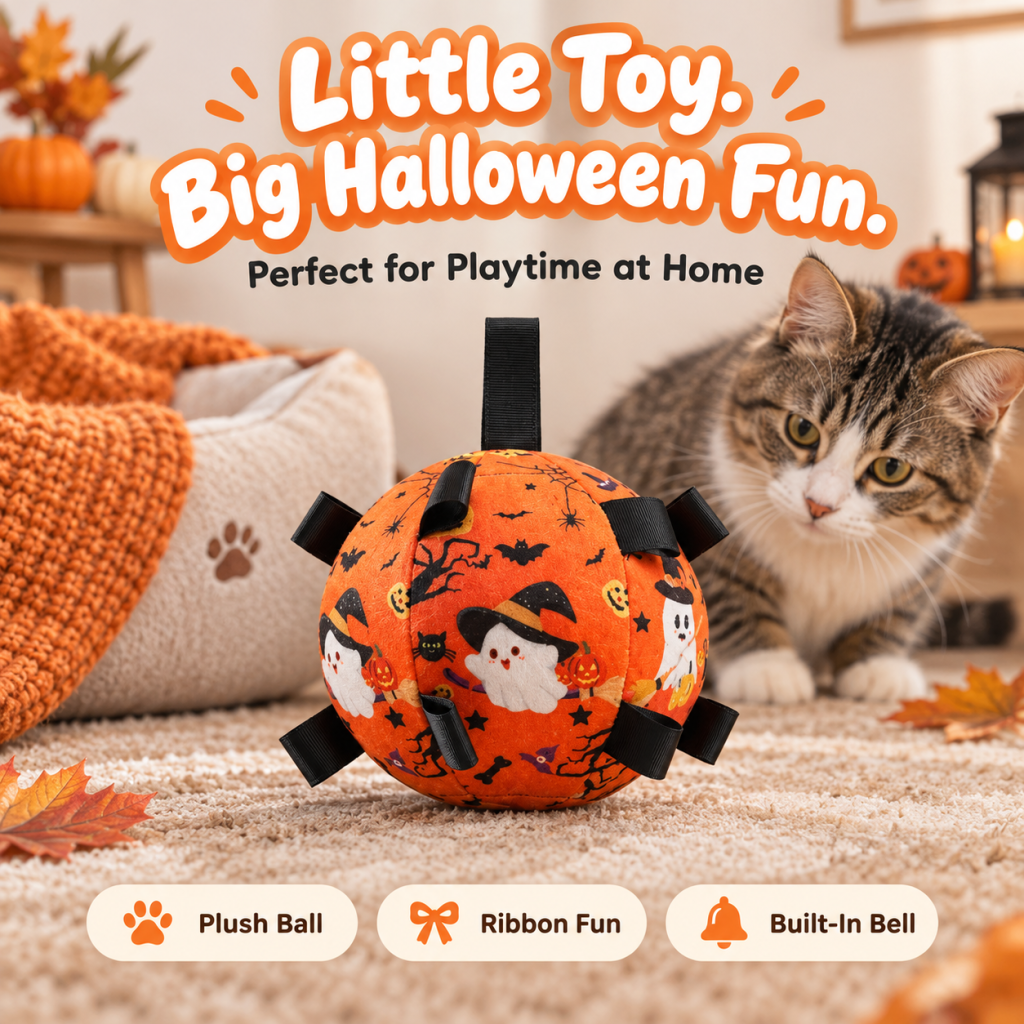 Halloween Interactive Plush Dog Ball Toy, Soft Stuffed Dog Chew Ball with Grab Tabs & Built-in Large Jingle Bell