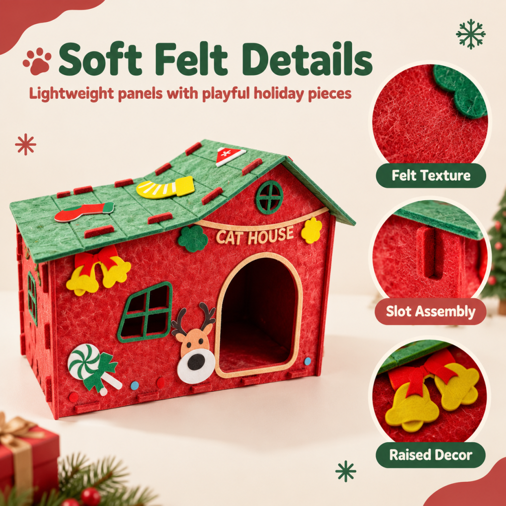 Maison de Noël en feutrine pour chat, abri d’intérieur à assembler avec de jolies décorations de Noël