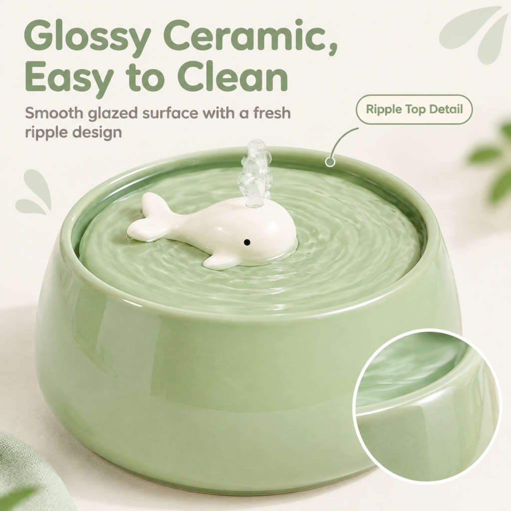Whale Ceramic Pet Water Fountain, Automatic Circulating Water Dispenser for Cats & Small Dogs