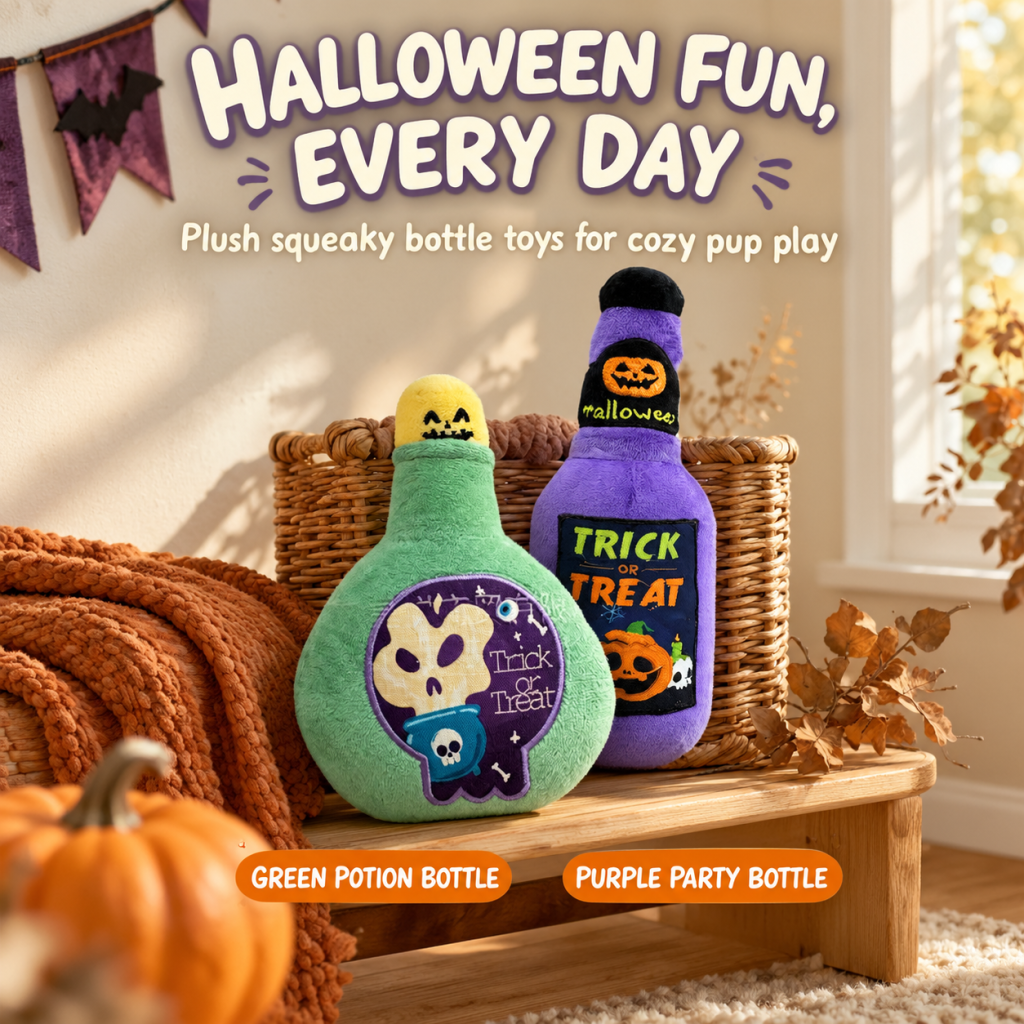 Jouet pour chien en peluche qui couine en forme de bouteille de vin d’Halloween, jouet à mâcher rembourré sur le thème de « des bonbons ou un sort », 2 modèles : bouteille de potion verte et bouteille de vin violette