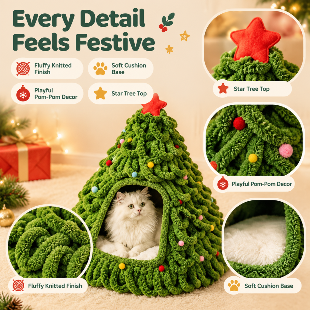 Festive Christmas Tree Cat Cave Bed, Knitted Plush Cat Nest with Pom Pom & Star Decoration