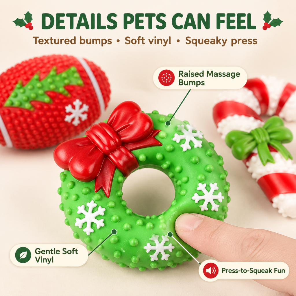 Christmas Pet Chew Toy Set, 3 Pack Squeaky Soft Latex Dog Toys with Bumpy Teeth Cleaning Texture, Football, Wreath & Candy Cane Shapes