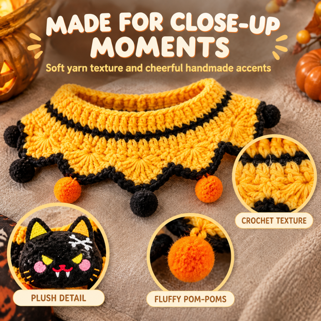 Halloween Hand Crocheted Pet Neck Collar, Spooky Character Pet Costume with Pom Pom Decor for Cats & Small Dogs
