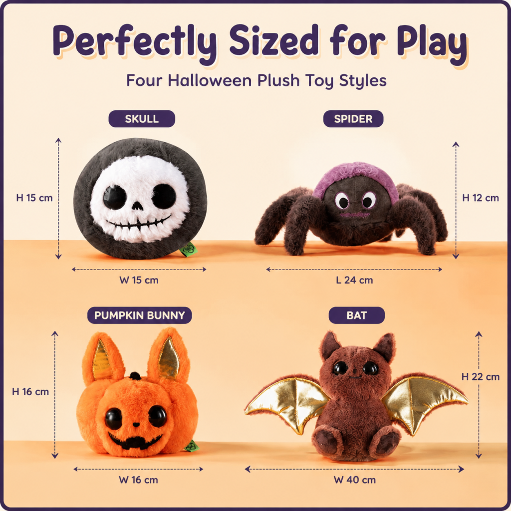 Halloween Plush Squeaky Dog Toy Set, 4 Pack Cute Character Pet Chew Toys - Skull, Spider, Pumpkin Bunny & Bat