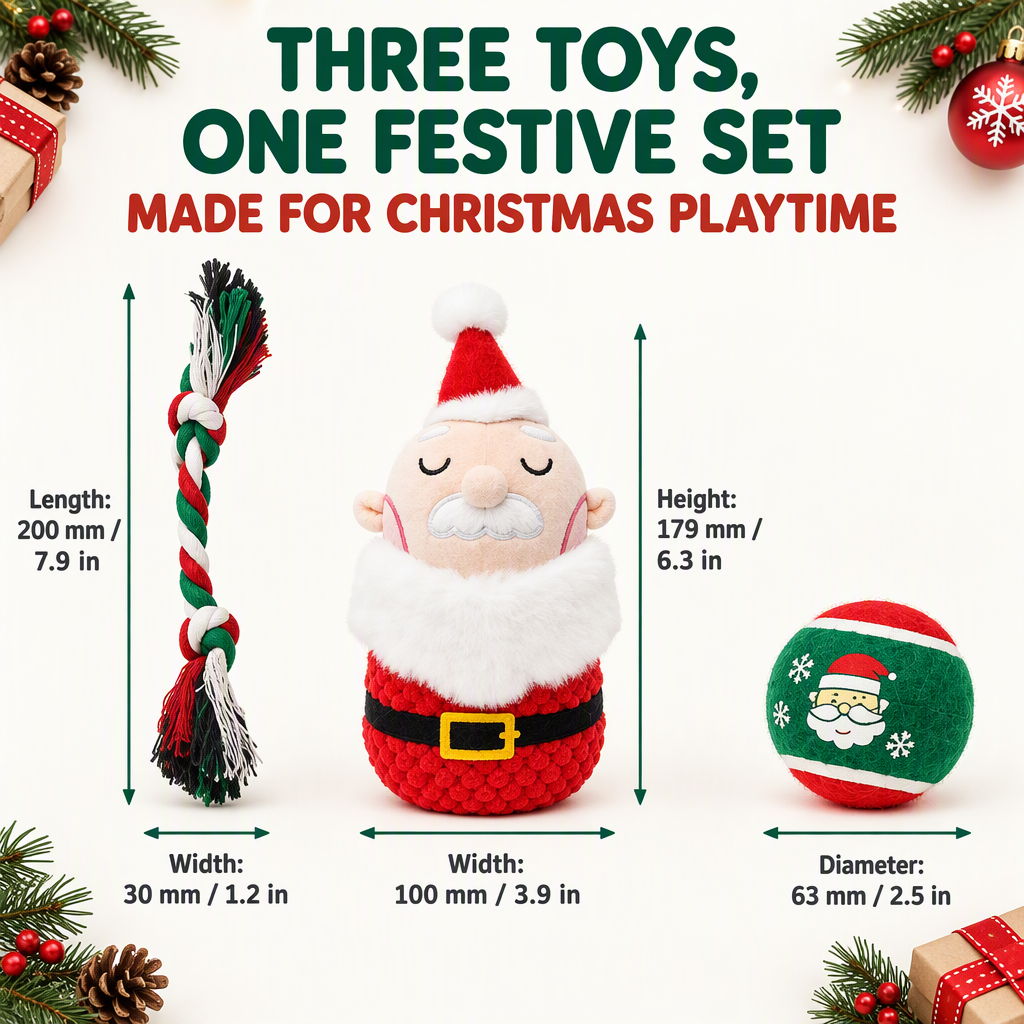 Festive Christmas Dog Toy Bundles, 3 Separate Sets of Santa, Reindeer & Snowman, Each Includes Rope, Squeaky Plush & Tennis Ball