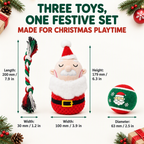 Festive Christmas Dog Toy Bundles, 3 Separate Sets of Santa, Reindeer & Snowman, Each Includes Rope, Squeaky Plush & Tennis Ball