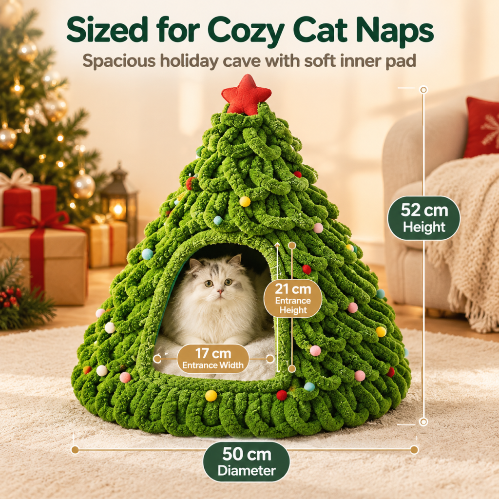 Festive Christmas Tree Cat Cave Bed, Knitted Plush Cat Nest with Pom Pom & Star Decoration