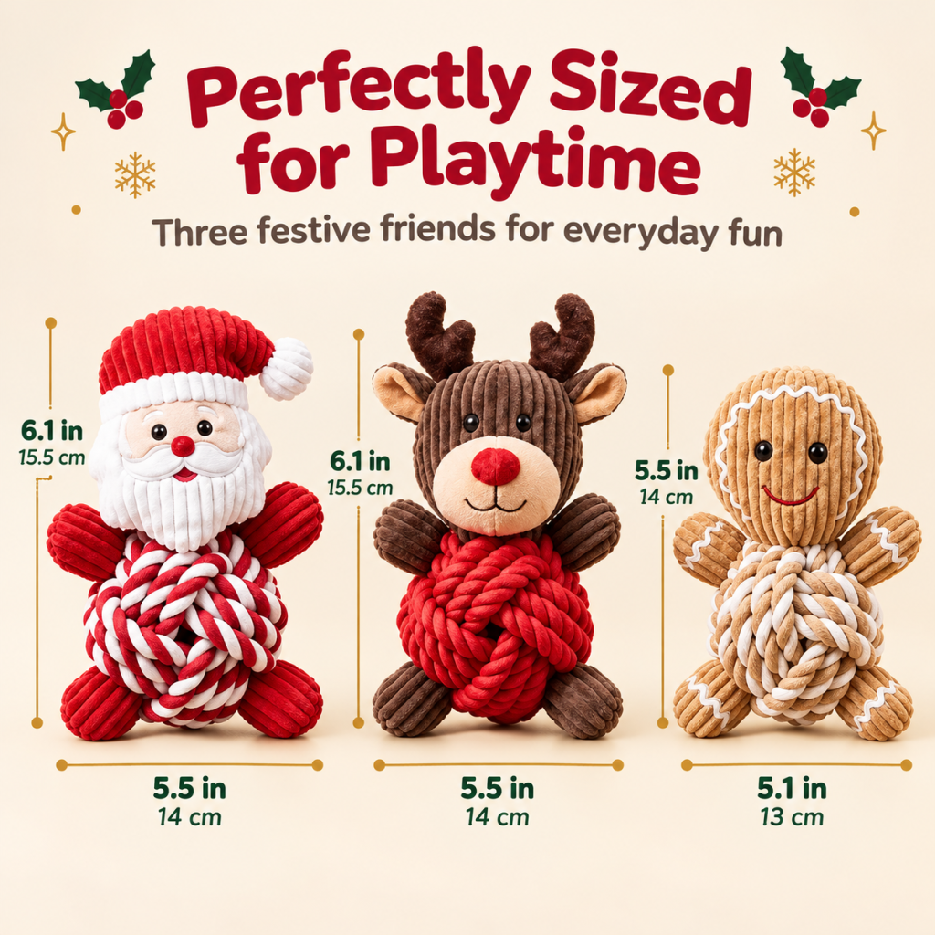 Christmas Knotted Rope Plush Dog Toy Set, 3 Pack Squeaky Corduroy Pet Chew Toys, Santa, Reindeer & Gingerbread Man