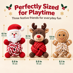 Christmas Knotted Rope Plush Dog Toy Set, 3 Pack Squeaky Corduroy Pet Chew Toys, Santa, Reindeer & Gingerbread Man