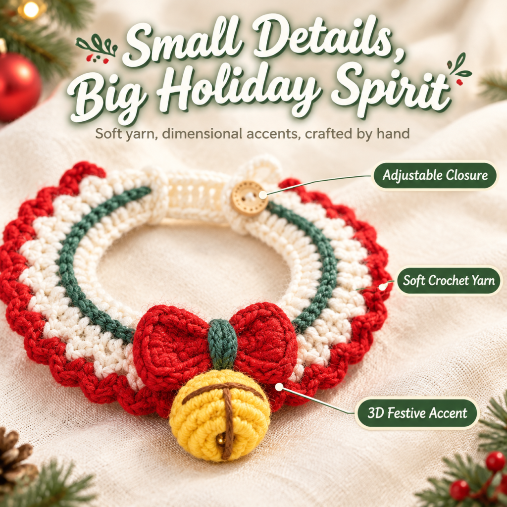 6 Styles Hand Crocheted Christmas Pet Collar, Adjustable Knit Holiday Neckwear for Cats & Dogs