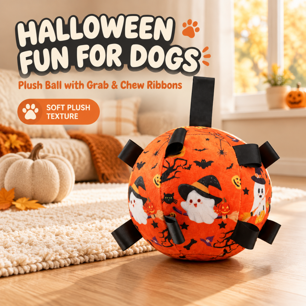 Jouet balle interactive d’Halloween en peluche pour chien, balle à mâcher rembourrée avec languettes de préhension et grande clochette intégrée