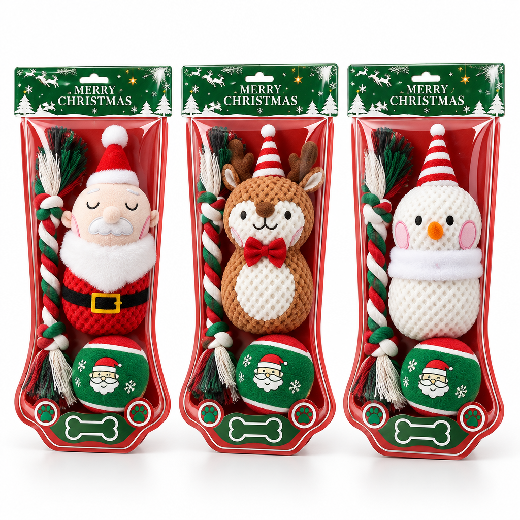 Festive Christmas Dog Toy Bundles, 3 Separate Sets of Santa, Reindeer & Snowman, Each Includes Rope, Squeaky Plush & Tennis Ball