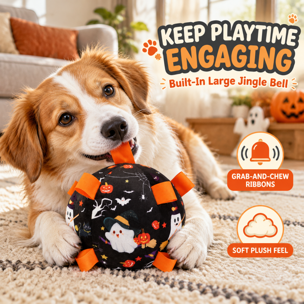 Jouet balle interactive d’Halloween en peluche pour chien, balle à mâcher rembourrée avec languettes de préhension et grande clochette intégrée