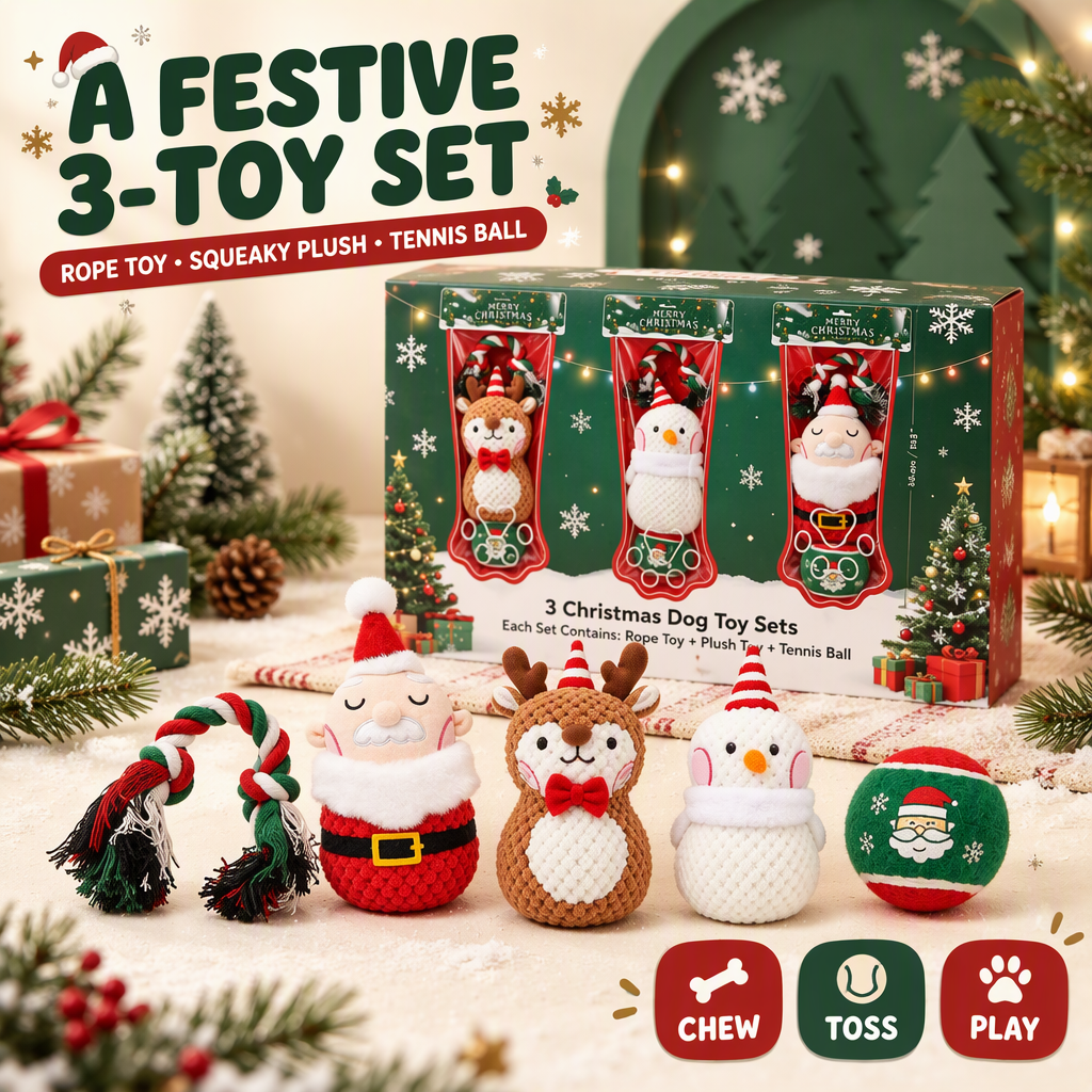 Festive Christmas Dog Toy Bundles, 3 Separate Sets of Santa, Reindeer & Snowman, Each Includes Rope, Squeaky Plush & Tennis Ball